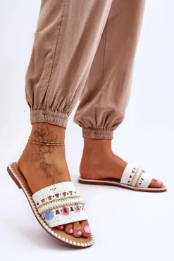 Damskie Plecione Zdobione Klapki Białe Millano