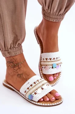 Damskie Plecione Zdobione Klapki Białe Millano