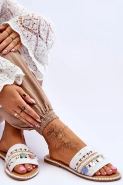 Damskie Plecione Zdobione Klapki Białe Millano