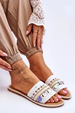 Damskie Plecione Zdobione Klapki Białe Millano