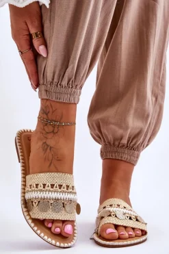 Damskie Plecione Zdobione Klapki Beżowe Millano