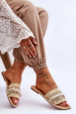 Damskie Plecione Zdobione Klapki Beżowe Millano