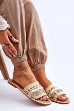 Damskie Plecione Zdobione Klapki Beżowe Millano