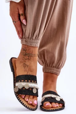 Damskie Plecione Zdobione Klapki Czarne Millano