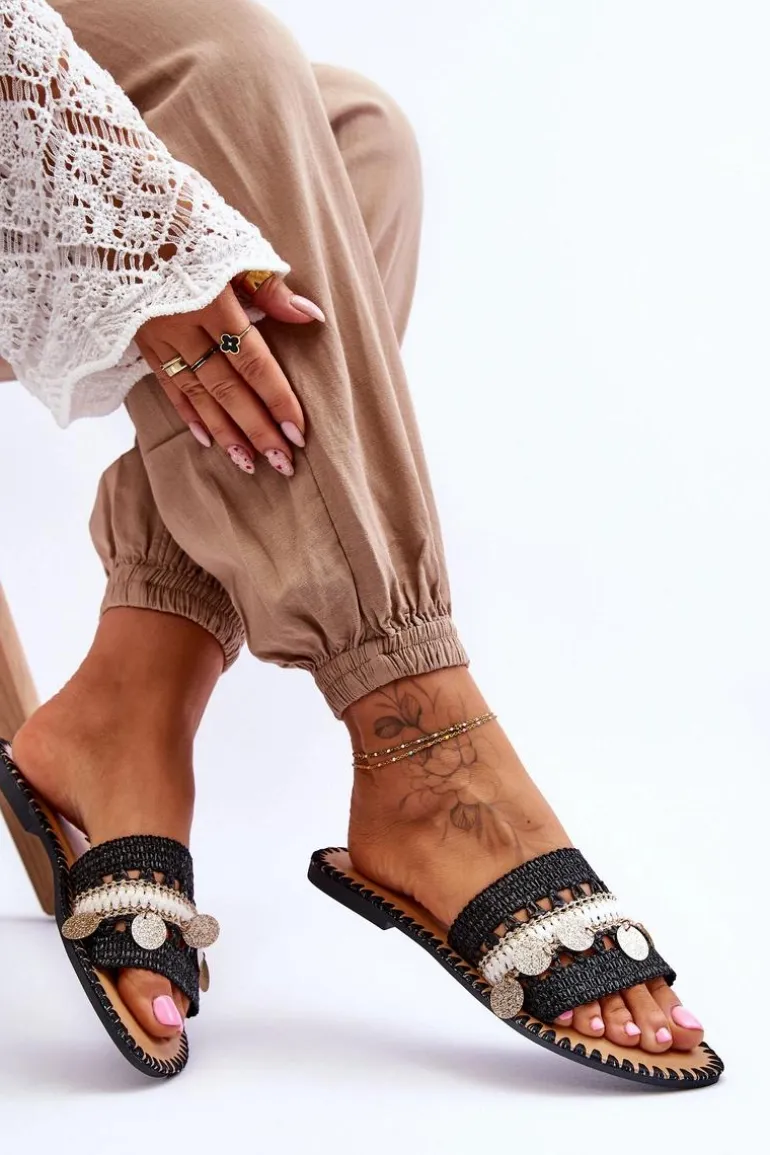 Damskie Plecione Zdobione Klapki Czarne Millano