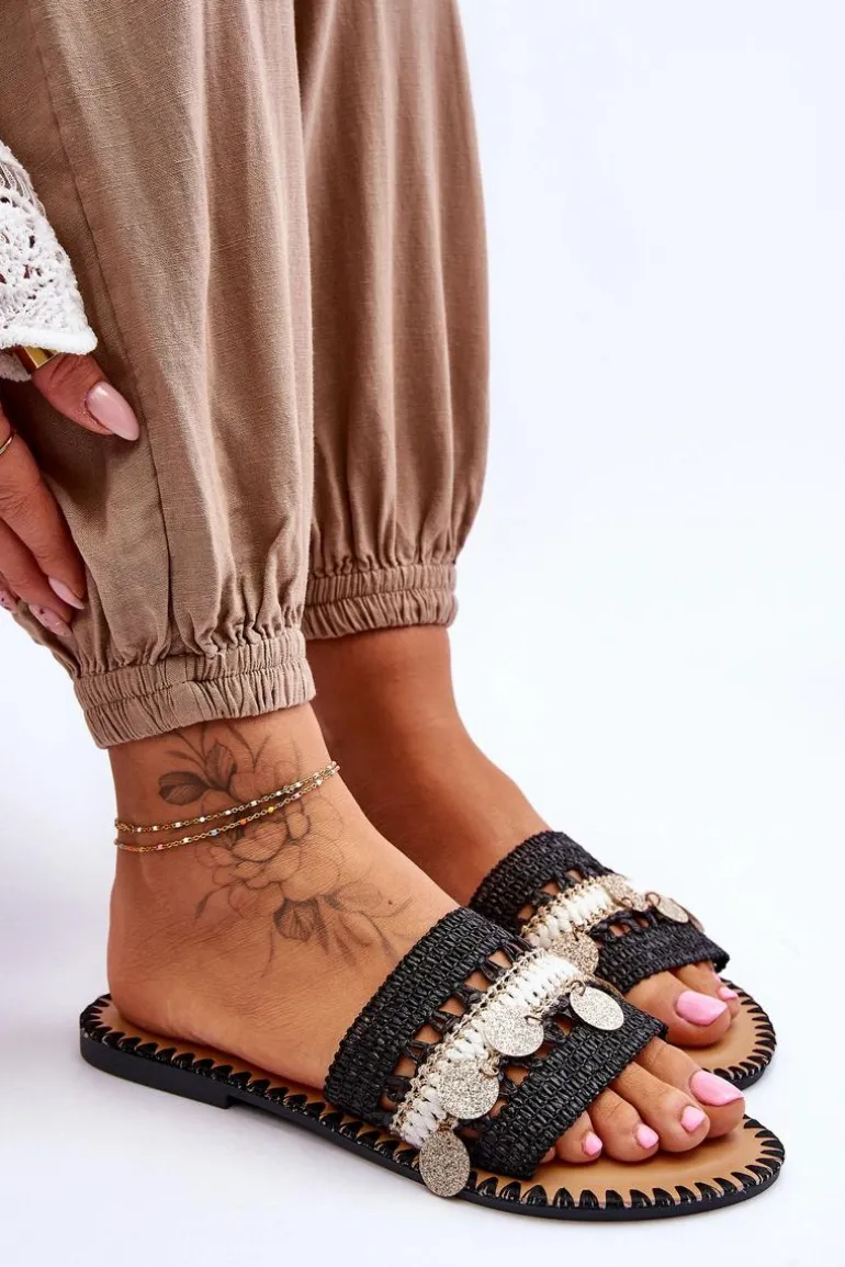 Damskie Plecione Zdobione Klapki Czarne Millano