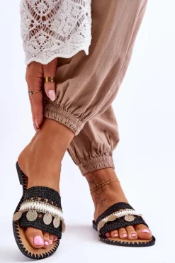 Damskie Plecione Zdobione Klapki Czarne Millano