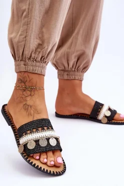 Damskie Plecione Zdobione Klapki Czarne Millano