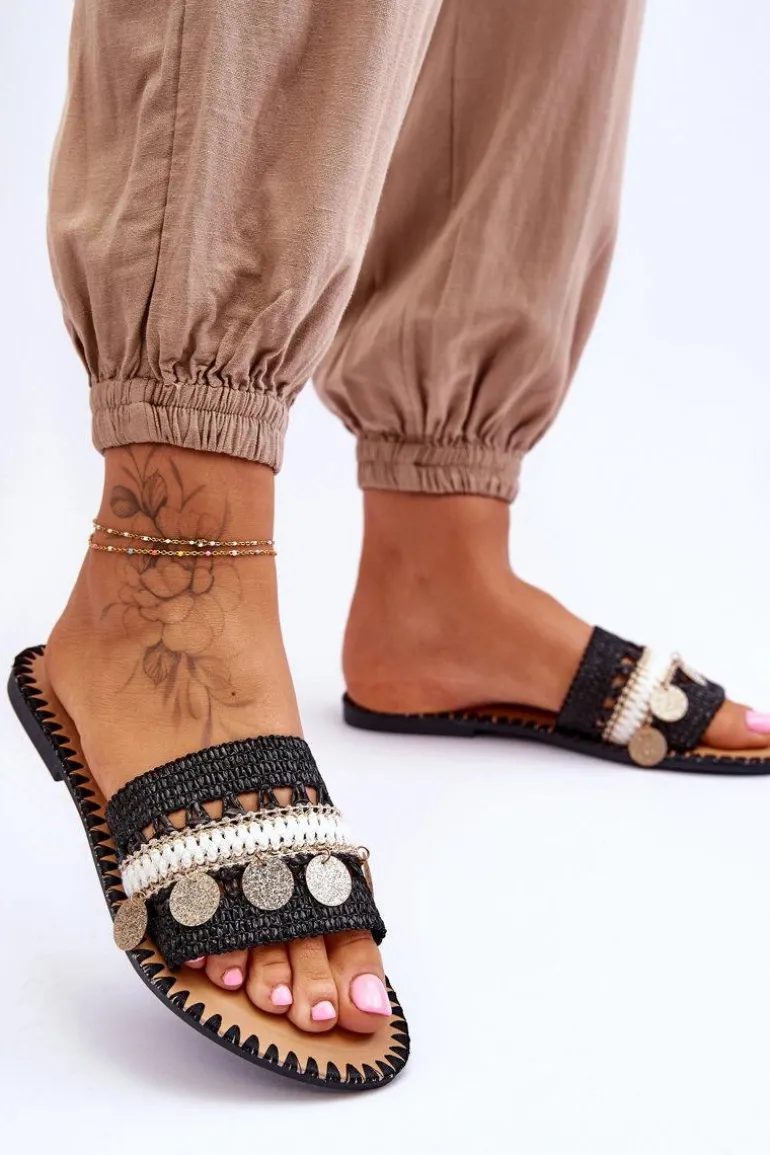 Damskie Plecione Zdobione Klapki Czarne Millano