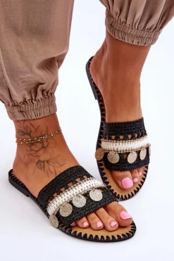 Damskie Plecione Zdobione Klapki Czarne Millano