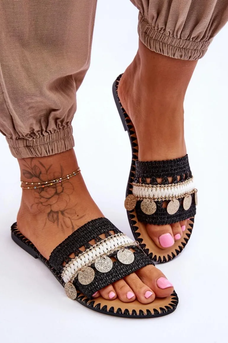 Damskie Plecione Zdobione Klapki Czarne Millano