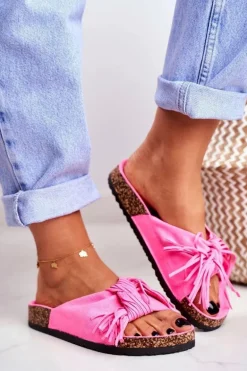 Damskie Różowe Fluo Klapki Na Korku Frędzle Marina