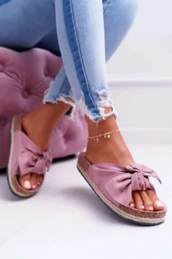 Damskie Różowe Klapki Na Korku Kwiaty Kokarda Misto