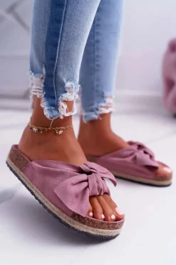 Damskie Różowe Klapki Na Korku Kwiaty Kokarda Misto