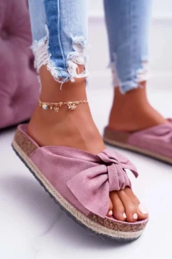 Damskie Różowe Klapki Na Korku Kwiaty Kokarda Misto