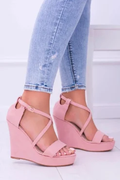 Damskie Różowe Zamszowe Sandały Na Koturnie Eline