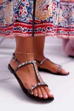 Damskie Sandałki Czarne Kryształki Cadama
