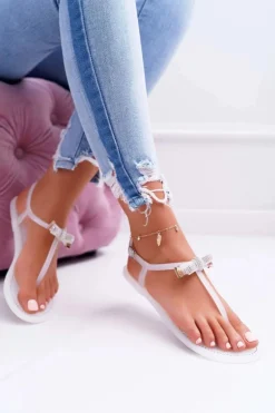 Damskie Sandałki Japonki Meliski z Cekinami Białe Lomba