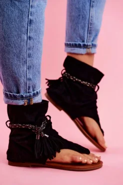 Damskie Sandałki Japonki Z Cholewką Czarne SL1011 Madrit