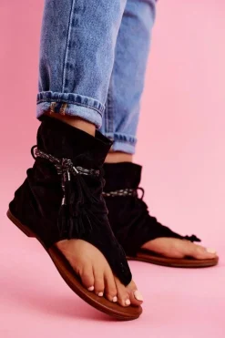 Damskie Sandałki Japonki Z Cholewką Czarne SL1011 Madrit