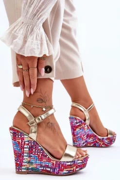 Damskie Sandałki Na Kolorowym Koturnie Złote Malibu