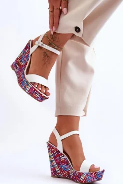 Damskie Sandałki Na Kolorowym Koturnie Białe Malibu