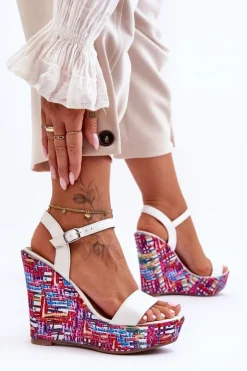 Damskie Sandałki Na Kolorowym Koturnie Białe Malibu