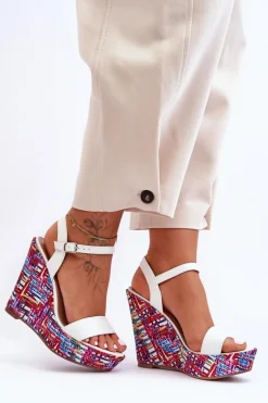Damskie Sandałki Na Kolorowym Koturnie Białe Malibu