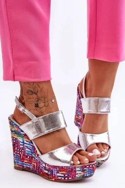 Damskie Sandałki Na Koturnie Srebrne Calderia