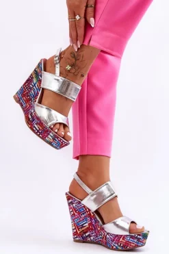 Damskie Sandałki Na Koturnie Srebrne Calderia