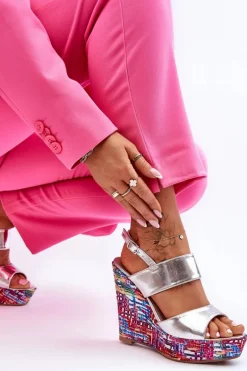 Damskie Sandałki Na Koturnie Srebrne Calderia