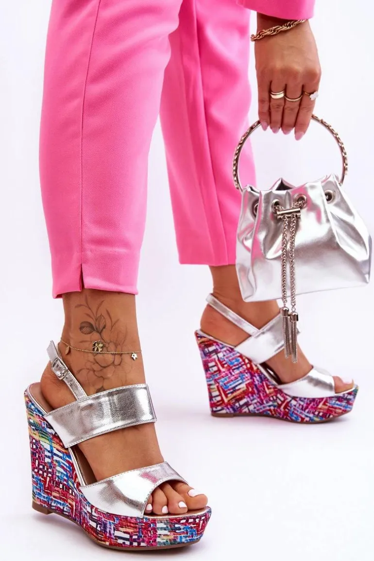 Damskie Sandałki Na Koturnie Srebrne Calderia