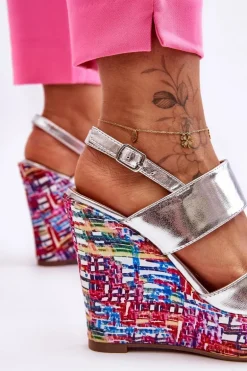 Damskie Sandałki Na Koturnie Srebrne Calderia