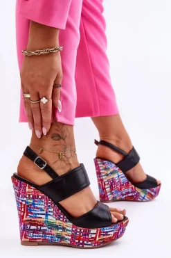 Damskie Sandałki Na Koturnie Czarne Calderia