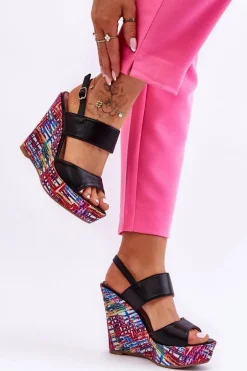 Damskie Sandałki Na Koturnie Czarne Calderia