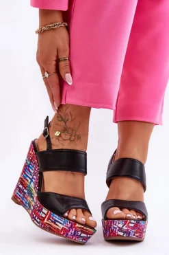 Damskie Sandałki Na Koturnie Czarne Calderia