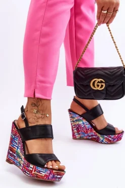 Damskie Sandałki Na Koturnie Czarne Calderia