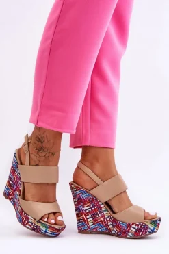 Damskie Sandałki Na Koturnie Beżowe Calderia