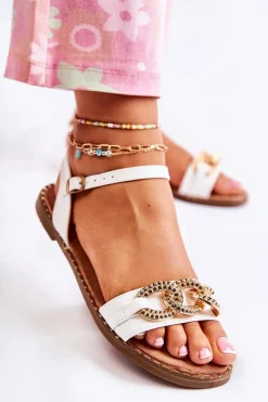 Damskie Sandałki Na Płaskim Obcasie Z Łańcuchem Białe Minevra