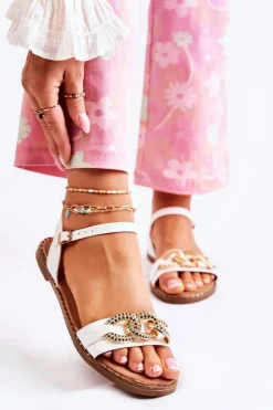 Damskie Sandałki Na Płaskim Obcasie Z Łańcuchem Białe Minevra