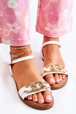 Damskie Sandałki Na Płaskim Obcasie Z Łańcuchem Białe Minevra