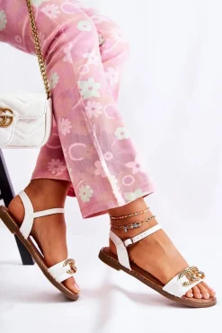 Damskie Sandałki Na Płaskim Obcasie Z Łańcuchem Białe Minevra