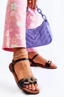 Damskie Sandałki Na Płaskim Obcasie Z Łańcuchem Czarne Minevra