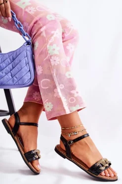 Damskie Sandałki Na Płaskim Obcasie Z Łańcuchem Czarne Minevra