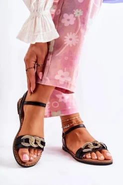 Damskie Sandałki Na Płaskim Obcasie Z Łańcuchem Czarne Minevra