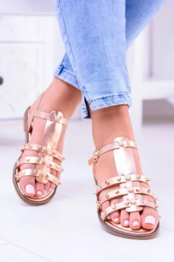 Damskie Sandałki z Ćwiekami Aglet Różowe Złoto