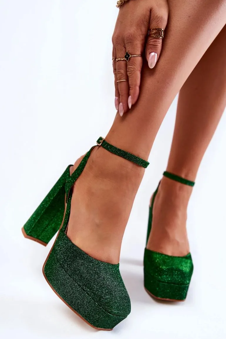 Damskie Sandały Brokatowe Na Słupku Zielone Rosel