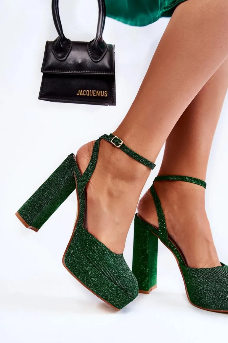 Damskie Sandały Brokatowe Na Słupku Zielone Rosel