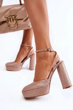 Damskie Sandały Brokatowe Na Słupku Złote Rosel