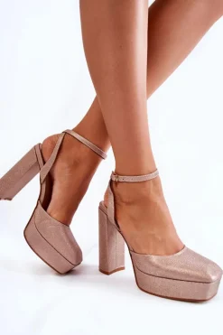 Damskie Sandały Brokatowe Na Słupku Złote Rosel